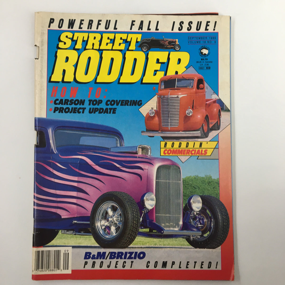 Cover of VTG Street Rodder Magazine from September 1989 featuring the B&M Brizio Project, showcasing vibrant street rods including a purple car with flames and an orange truck.