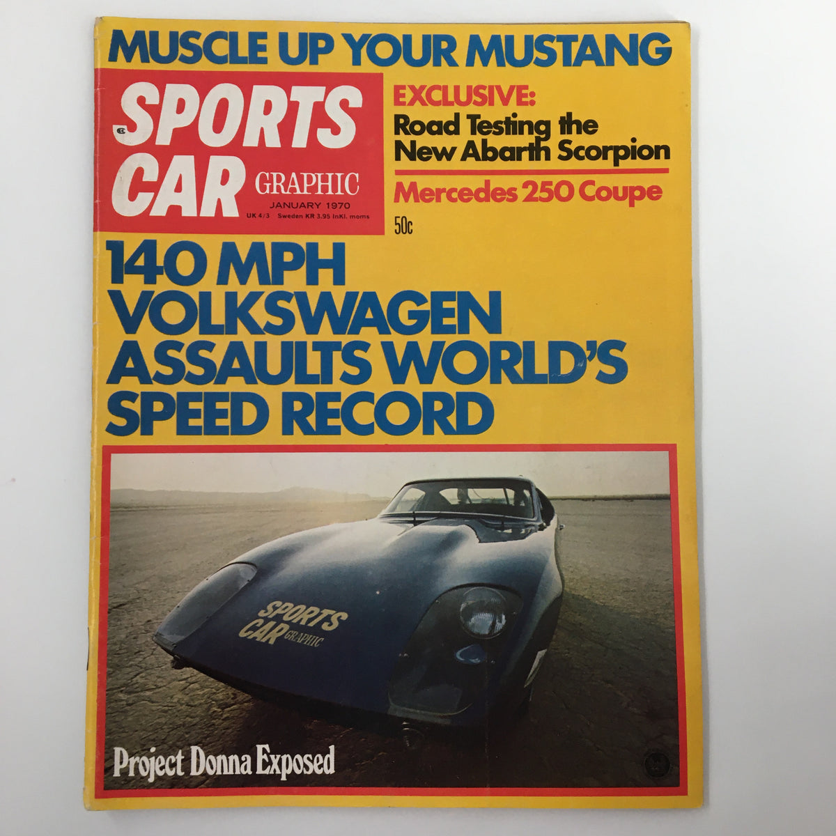 Cover of the VTG Sports Car Graphic Magazine from January 1970 featuring 'Project Donna Exposed' with a bold headline and image of a sports car, highlighting 140 MPH Volkswagen's speed record.