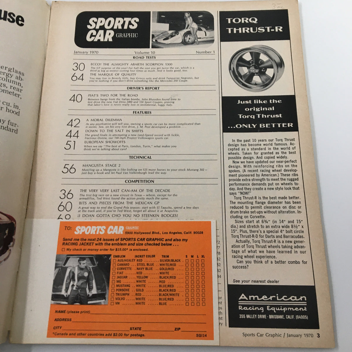 Inside page of the VTG Sports Car Graphic Magazine January 1970 showing the table of contents, including articles on road tests and features related to vintage sports cars.