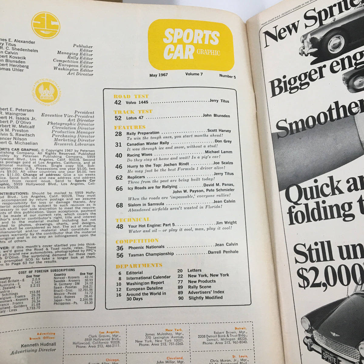 Interior view of the VTG Sports Car Graphic Magazine May 1967 showing the table of contents with features, road tests for Volvo 144 and Lotus 47, and other automotive articles.