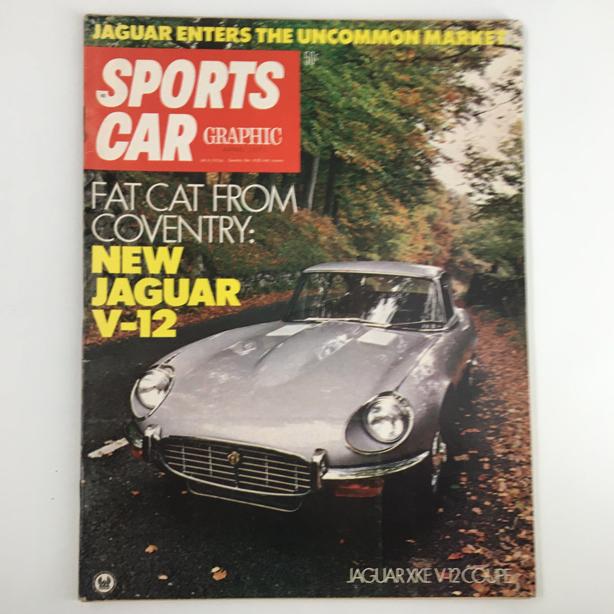Cover of VTG Sports Car Graphic magazine from April 1971 featuring 'Fat Cat from Coventry: New Jaguar V-12'. This collectible issue highlights automobiles from the 1970s and includes classic car photography.