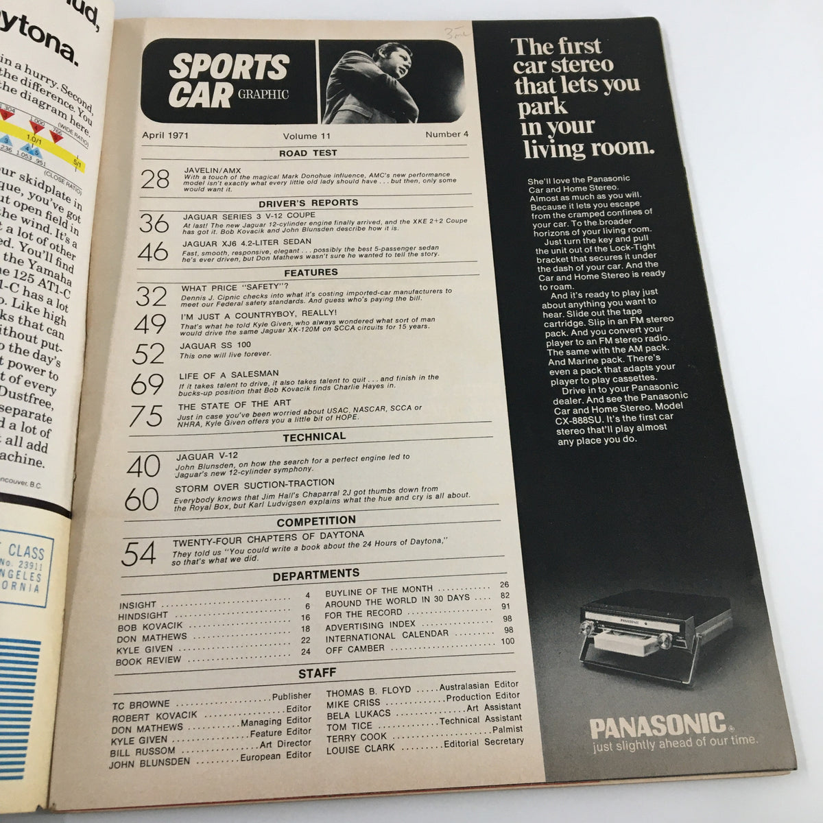 Interior page of the VTG Sports Car Graphic magazine from April 1971 displaying the table of contents. Features articles on road tests, car reviews, and technical insights related to vintage automobiles.