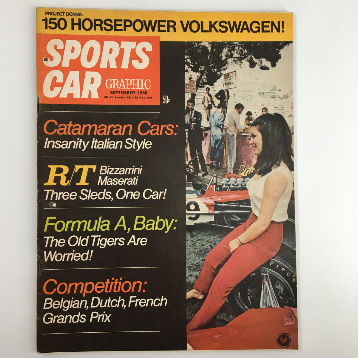 Cover of Sports Car Graphic Magazine September 1968 showcasing the title and feature on 150 Horsepower Volkswagen. Includes headlines about catamaran cars, Maserati, and Formula A.