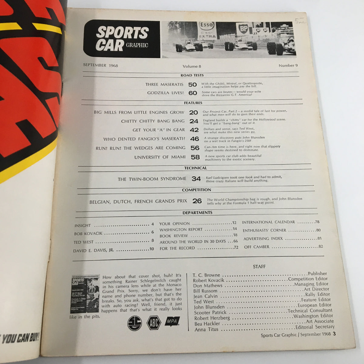 Contents page of Sports Car Graphic Magazine September 1968. Lists articles including road tests, technical features, and competition details, highlighting the magazine's focus on automotive culture.