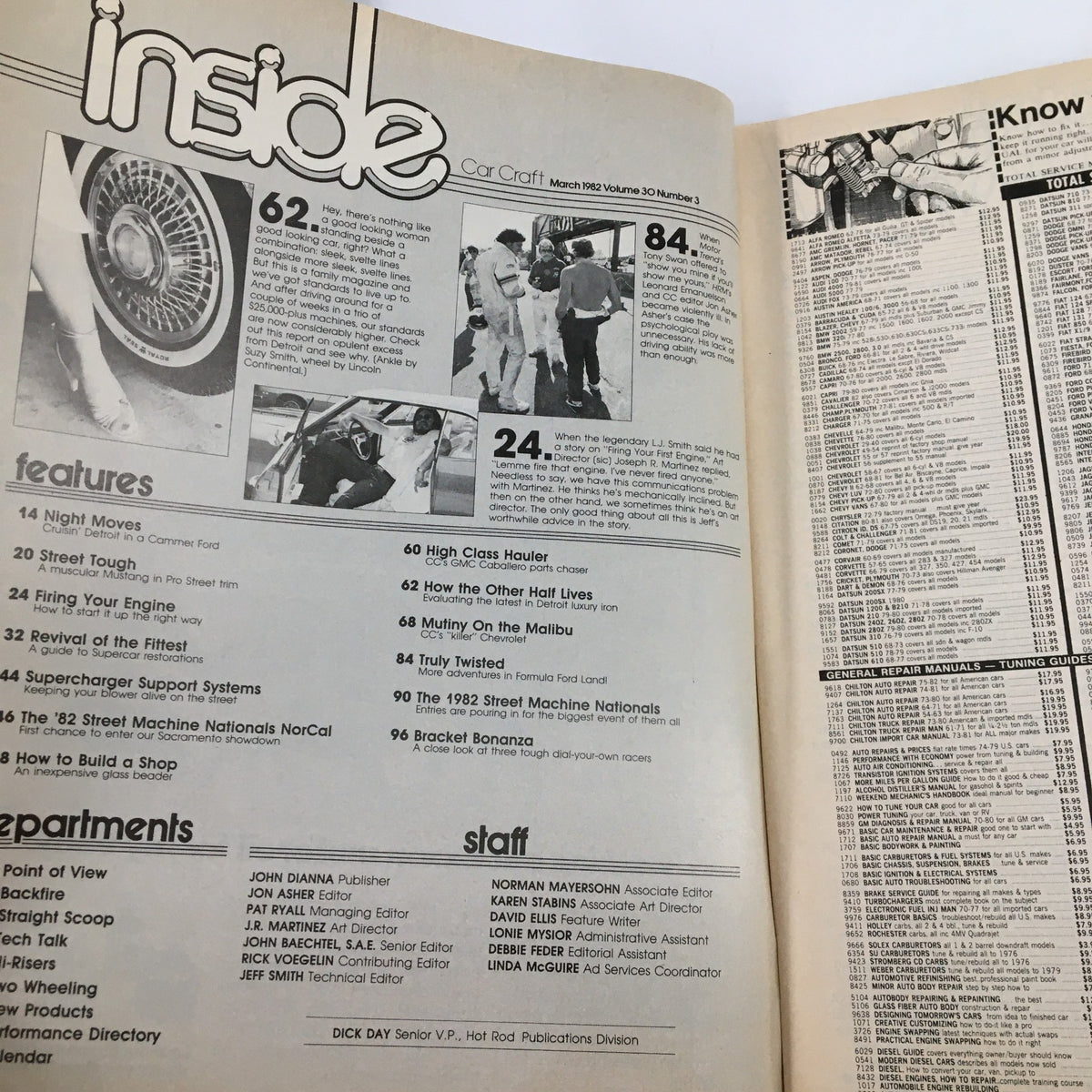 Interior page of Car Craft Magazine March 1982, detailing features and articles including supercharger support systems and the 1982 Street Machine Nationals, highlighting automotive performance content.