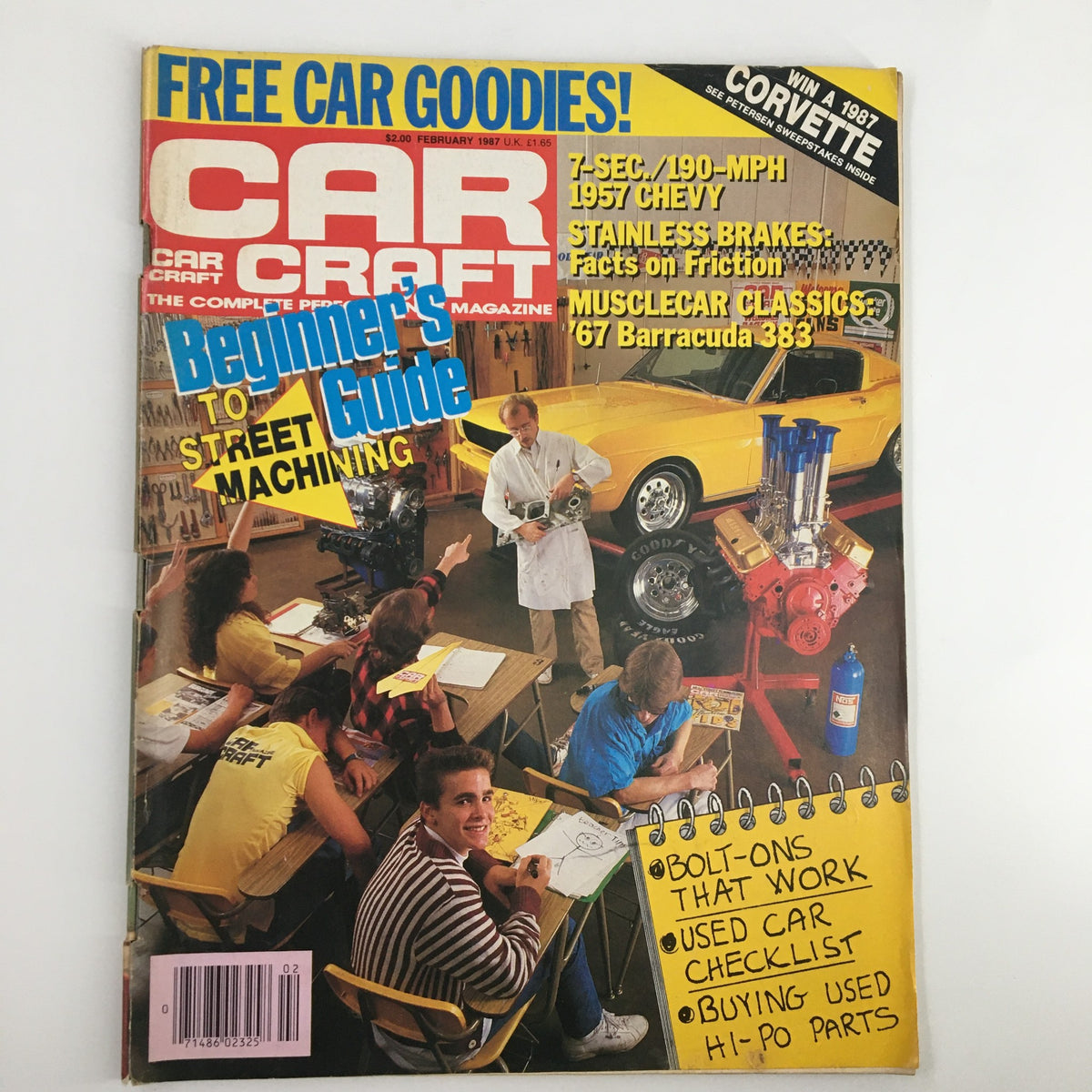 Cover of VTG Car Craft Magazine February 1987 featuring a Beginner's Guide to Street Machining with automotive illustrations and insights into classic car modifications.