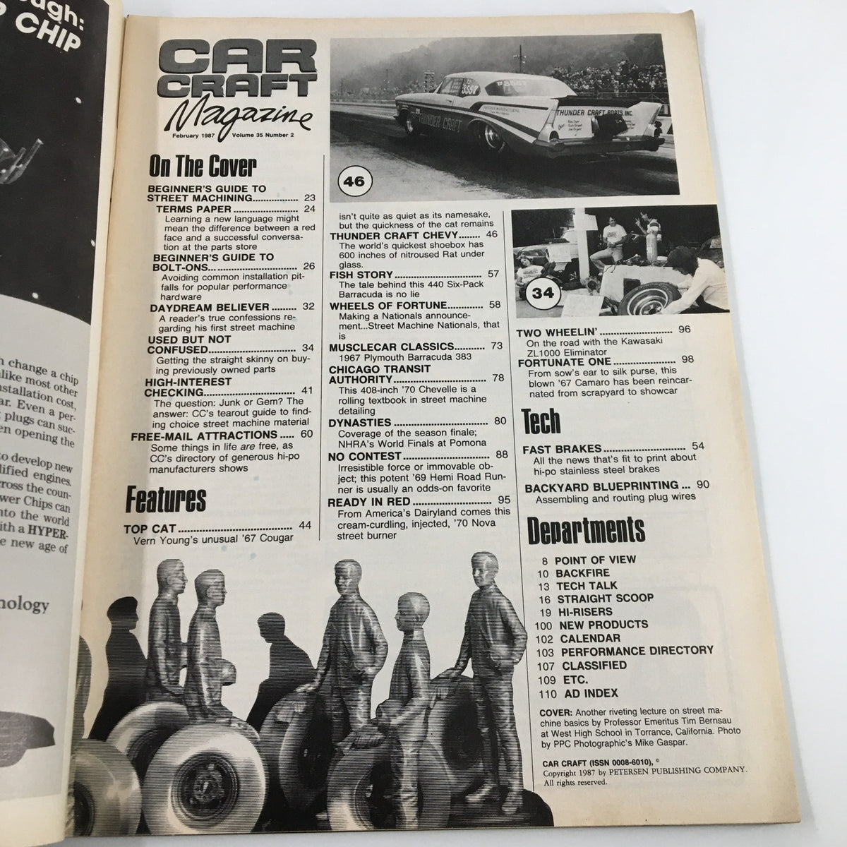 Inside page layout of VTG Car Craft Magazine February 1987 displaying article titles and features related to street machining, muscle cars, and automotive tips.