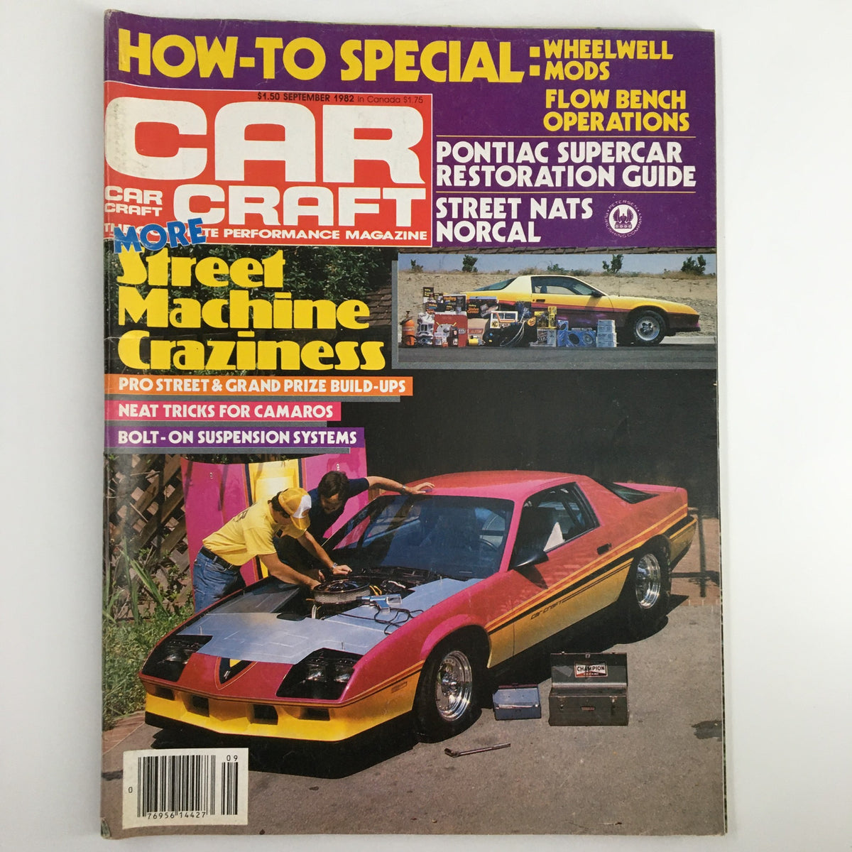 VTG Car Craft Magazine September 1982 featuring Pontiac Supercar Restoration on the cover, showcasing a colorful Camaro with a partially disassembled hood, alongside two individuals working on the vehicle and additional cars in the background.