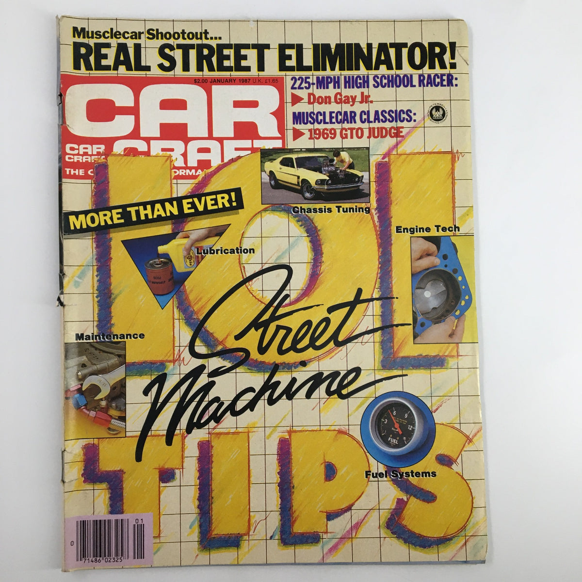 Cover of VTG Car Craft Magazine January 1987 showcasing the Real Street Eliminator feature with bold red and yellow graphics, highlighting tips for street machines and automotive performance.
