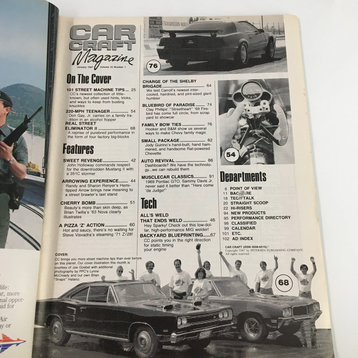 Interior page of VTG Car Craft Magazine January 1987 displaying a table of contents, detailing features and articles related to the Real Street Eliminator competition and various car modifications.