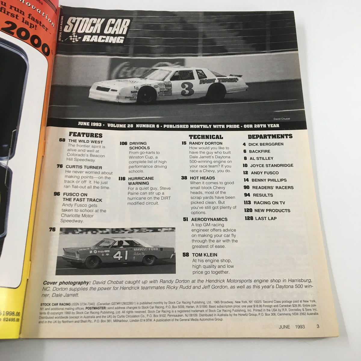 Interior page of Stock Car Racing Magazine, June 1993, featuring a race car image and article listings, showcasing key features and technical departments related to stock car racing.