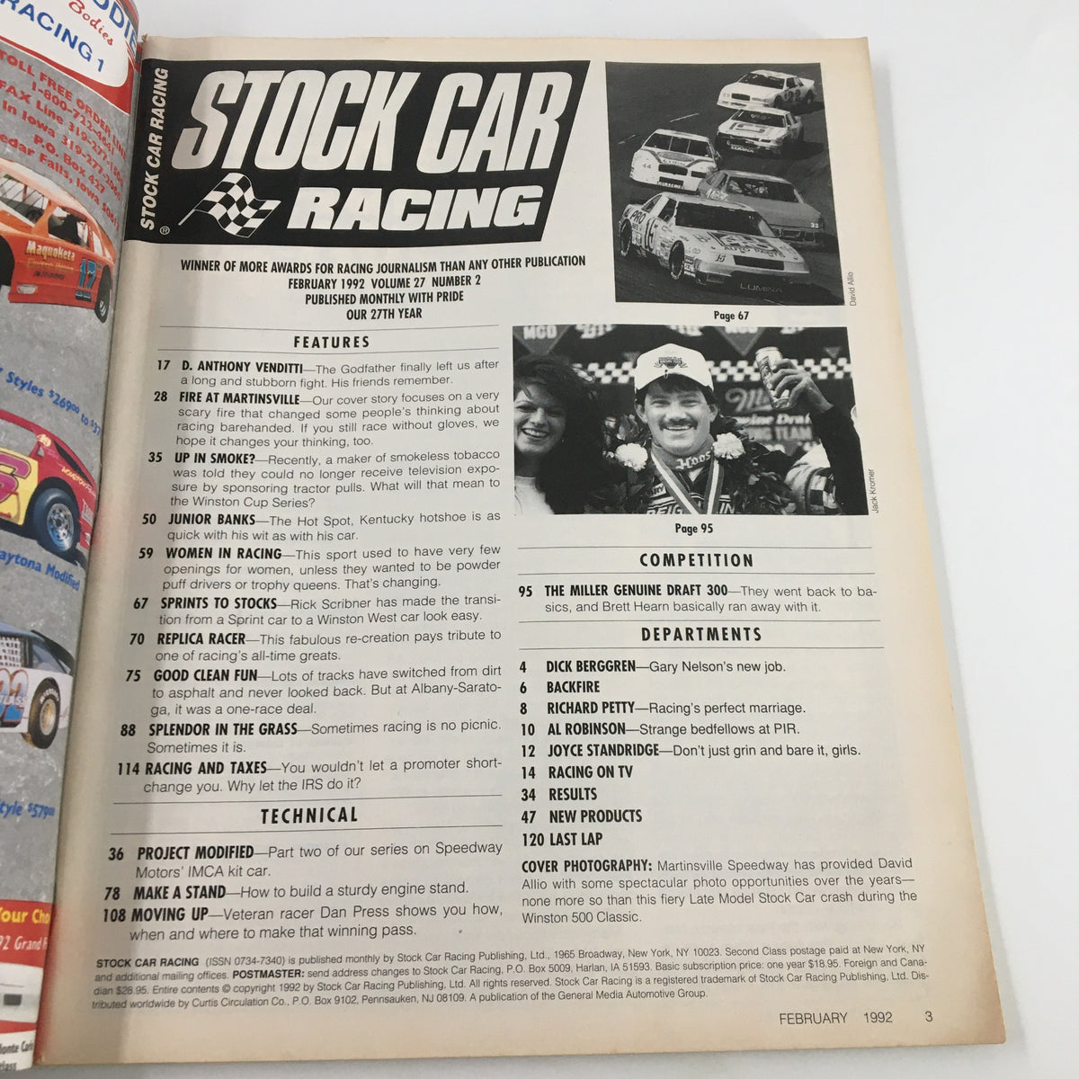 Inside page of Stock Car Racing Magazine February 1992 showing features and articles including the Miller Genuine Draft 300 and technical insights on racing.