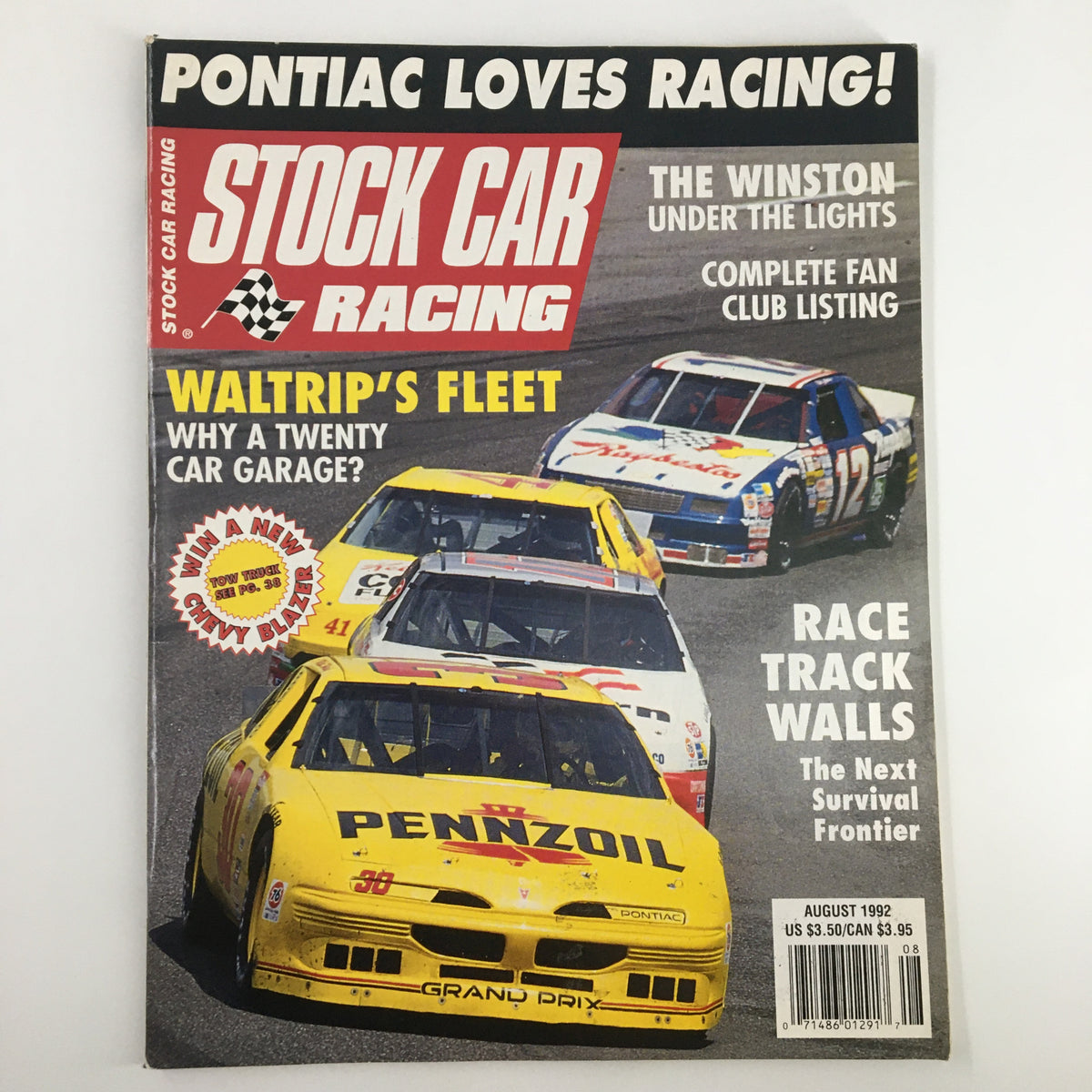 Cover of Stock Car Racing Magazine August 1992 featuring cars racing, with a focus on Waltrip's Fleet and Pontiac racing. The magazine highlights articles including 'The Winston Under the Lights' and 'Race Track Walls.'