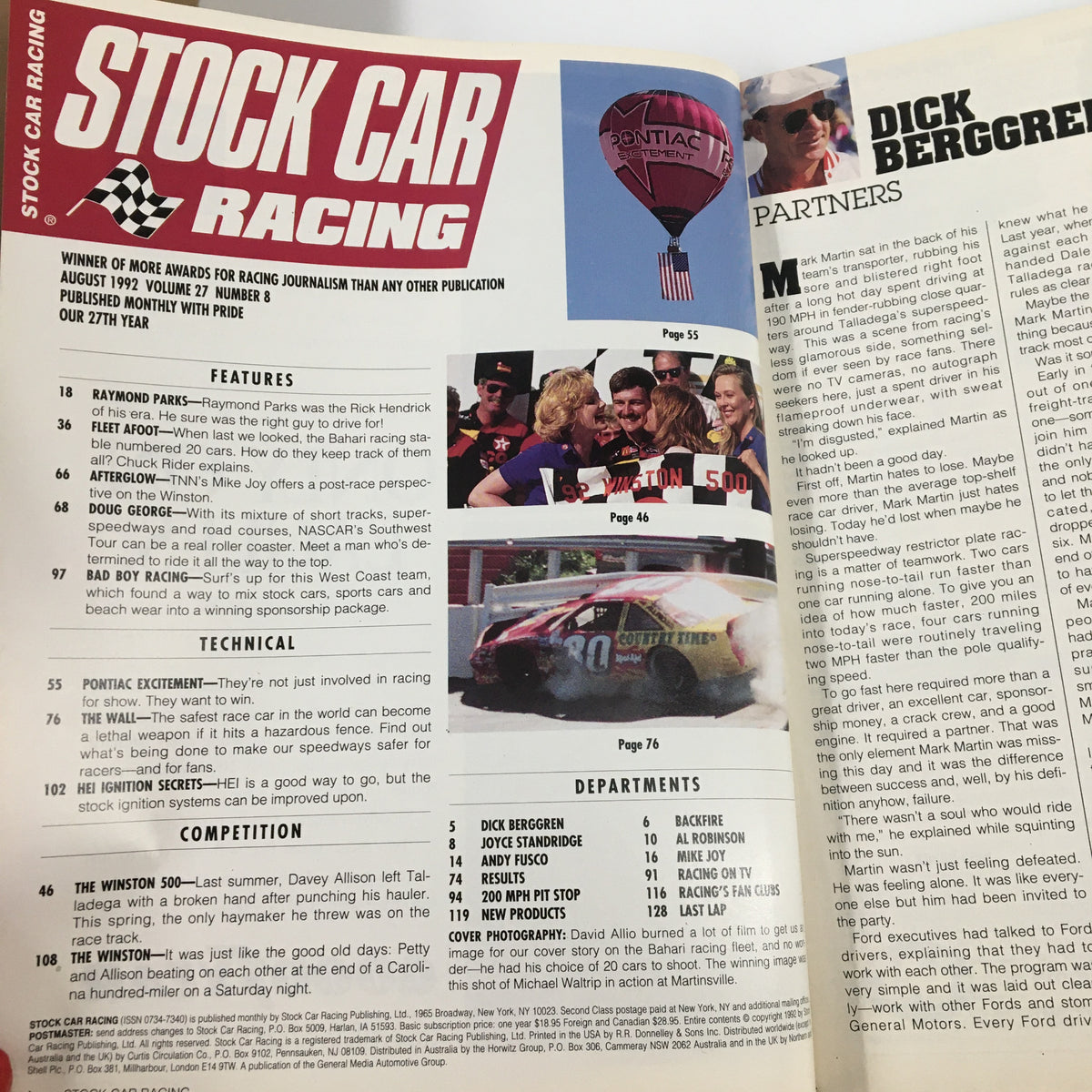Inside page of Stock Car Racing Magazine August 1992 showcasing features and technical sections, including articles about Raymond Parks and The Winston 500, along with advertisements and editorial content.