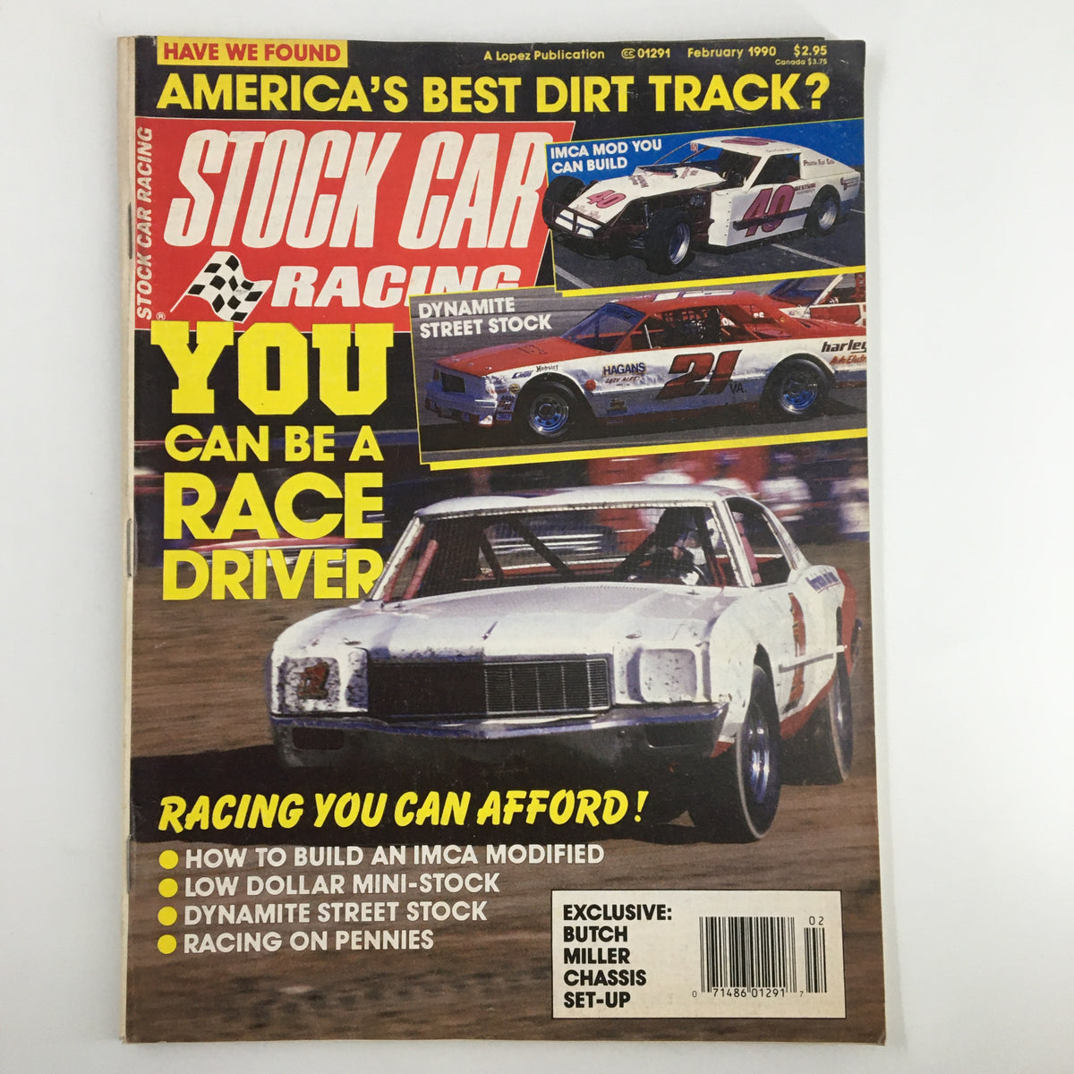 Cover of Stock Car Racing Magazine February 1990 featuring Jim Doffing's IMCA Car, with bold text stating 'You Can Be A Race Driver' and images of race cars.