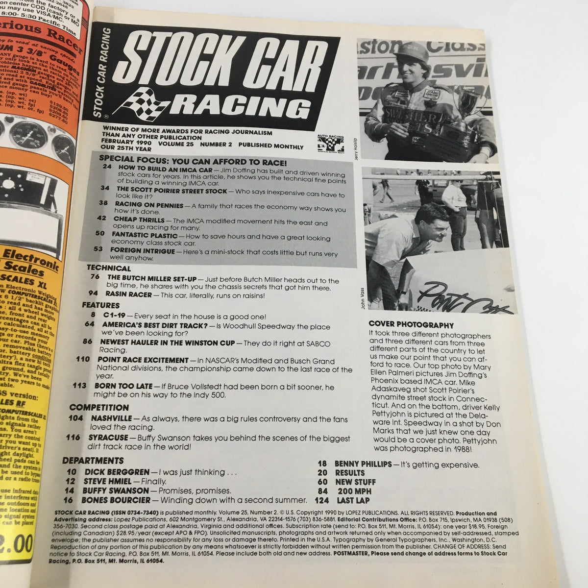Inside page of Stock Car Racing Magazine February 1990 showcasing article list and features, emphasizing the focus on racing techniques and drivers.