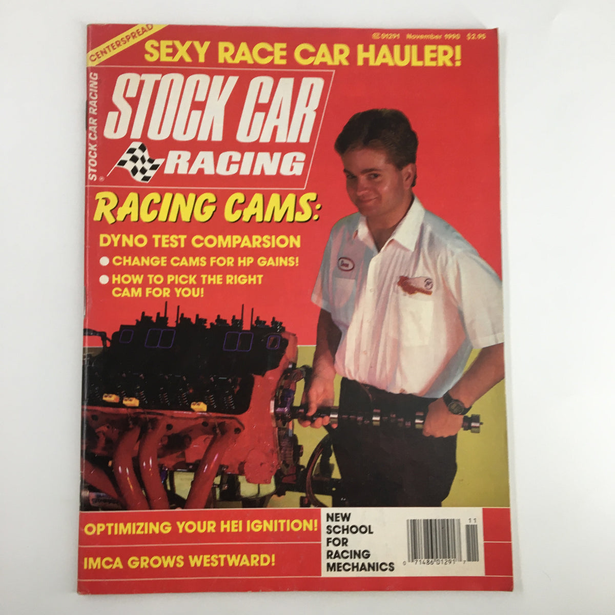 Cover of Stock Car Racing Magazine November 1990 featuring dyno operator Dean Harvey, showcasing essential racing techniques, engine performance tips, and illustrations of racing cams.