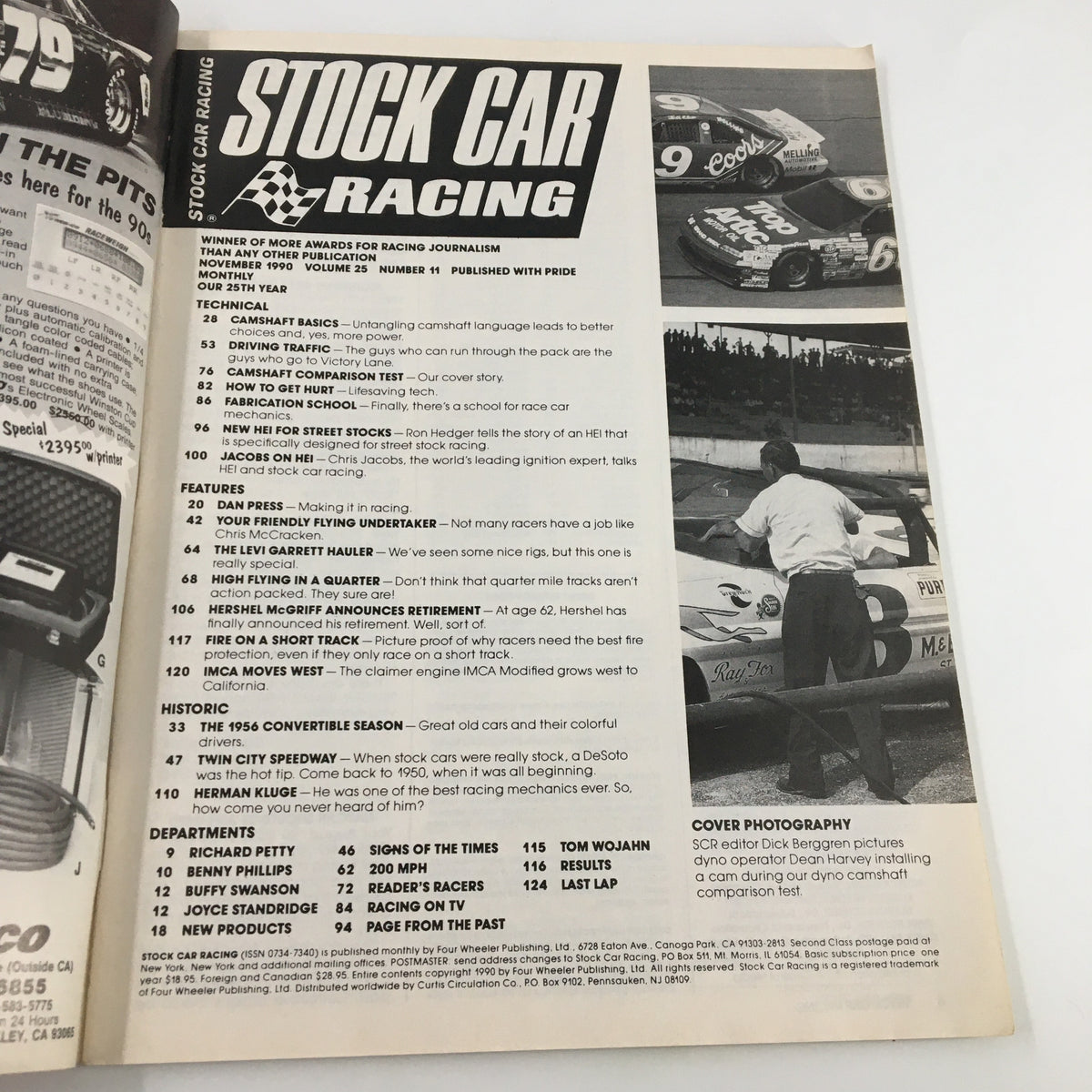 Inside page of Stock Car Racing Magazine November 1990, highlighting technical articles on camshaft comparison and features about stock car racing culture.