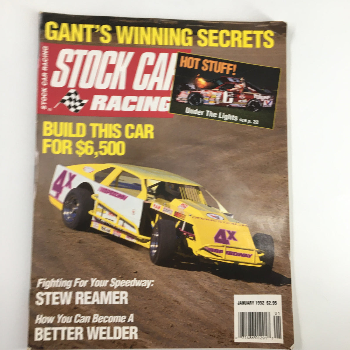 Cover of Stock Car Racing Magazine January 1992 featuring a bright yellow stock car, headlines about building a car for $6,500, and various articles on racing secrets.