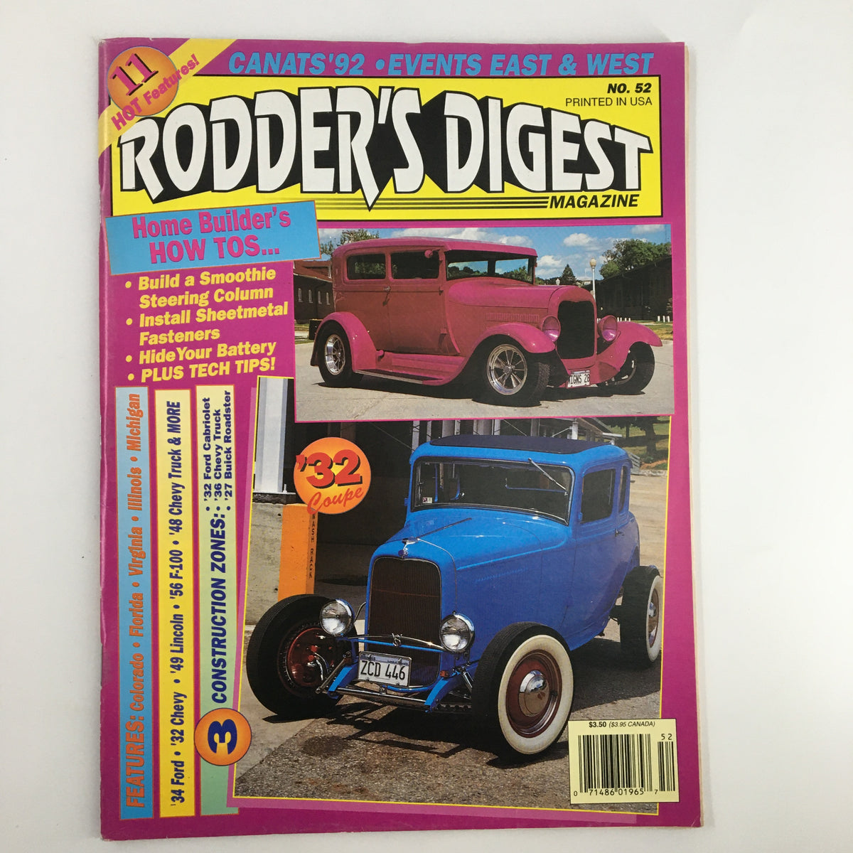 Rodder's Digest Magazine April 1993 cover featuring vintage cars including a pink and blue 1932 Coupe, showcasing classic automotive culture.