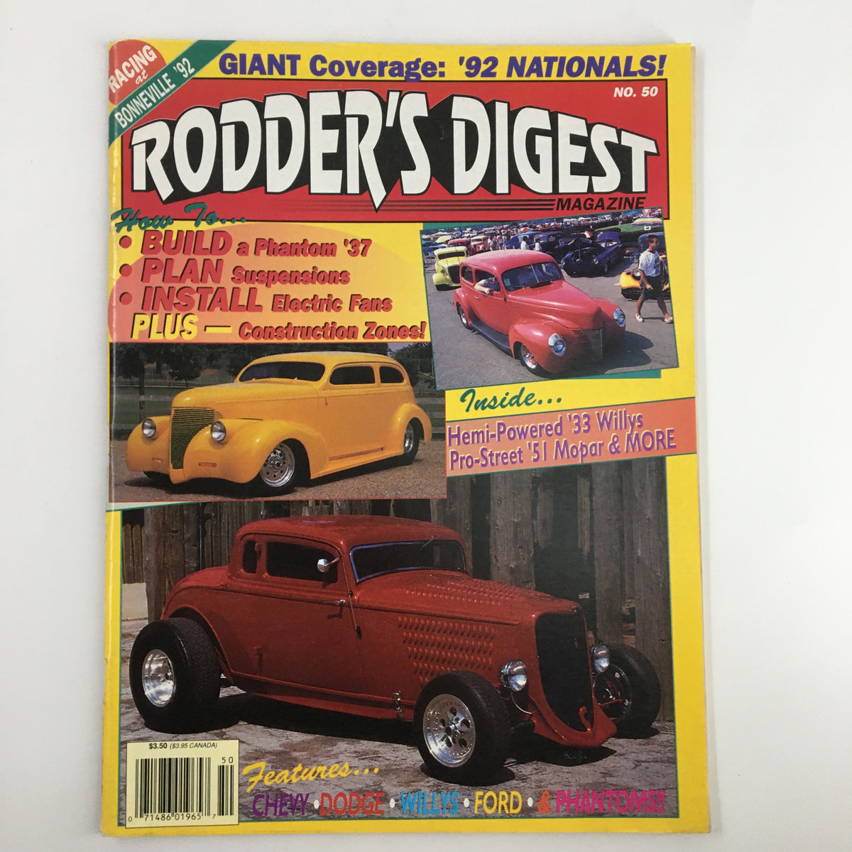 Rodder's Digest Magazine December 1992 featuring Randy Jenkins' '33 Dodge on the cover, showcasing classic cars with vibrant colors including a red hot rod and a yellow custom car, highlighting automotive culture of the early '90s.