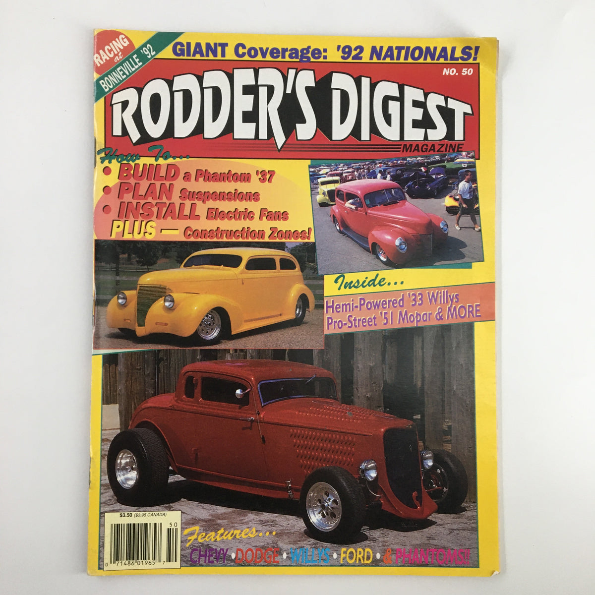 Cover of Rodder's Digest Magazine December 1992 featuring Eric Salley's '37 Ford Phantom and other classic automobiles.