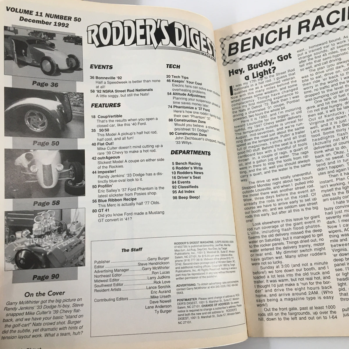 Interior page of Rodder's Digest Magazine December 1992 displaying features and staff information of the publication.