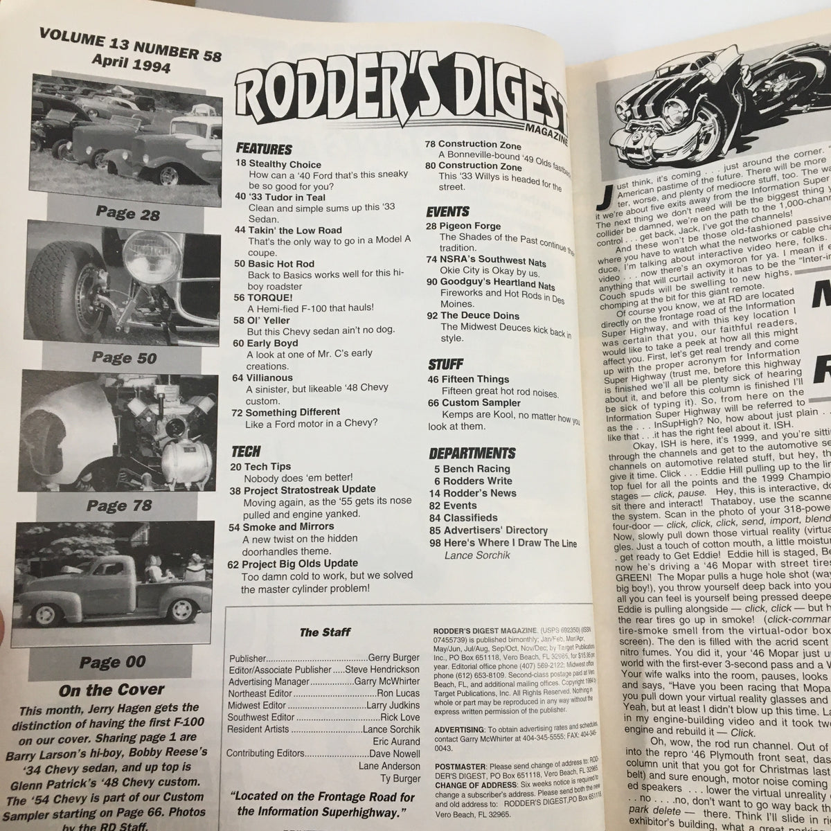 Interior page of Rodder's Digest Magazine April 1994 showcasing features and articles related to classic cars and hot rod culture.