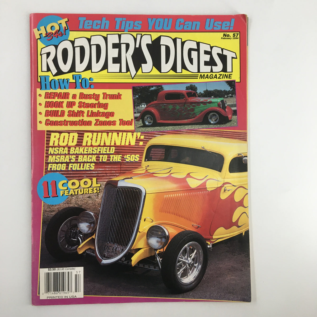 Cover of Rodder's Digest Magazine February 1994 featuring a yellow hot rod with flames, showcasing the MSRA's Back to the 50's Follies event and including tech tips for automotive enthusiasts.