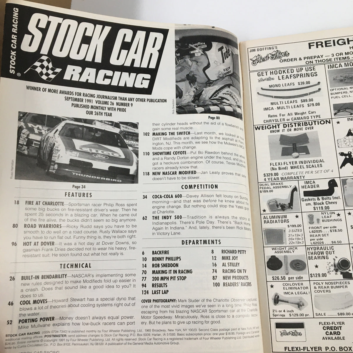 Stock Car Racing Magazine September 1991 featuring cover details, including articles and features such as sportscast on Philip Ross and the Coca-Cola 600, with images of NASCAR cars.