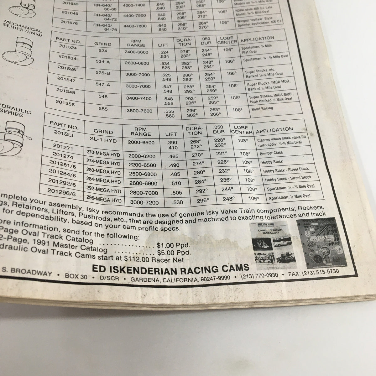 Back cover of Stock Car Racing Magazine June 1991 displaying technical specifications for racing cams, highlighting important details for racing enthusiasts.