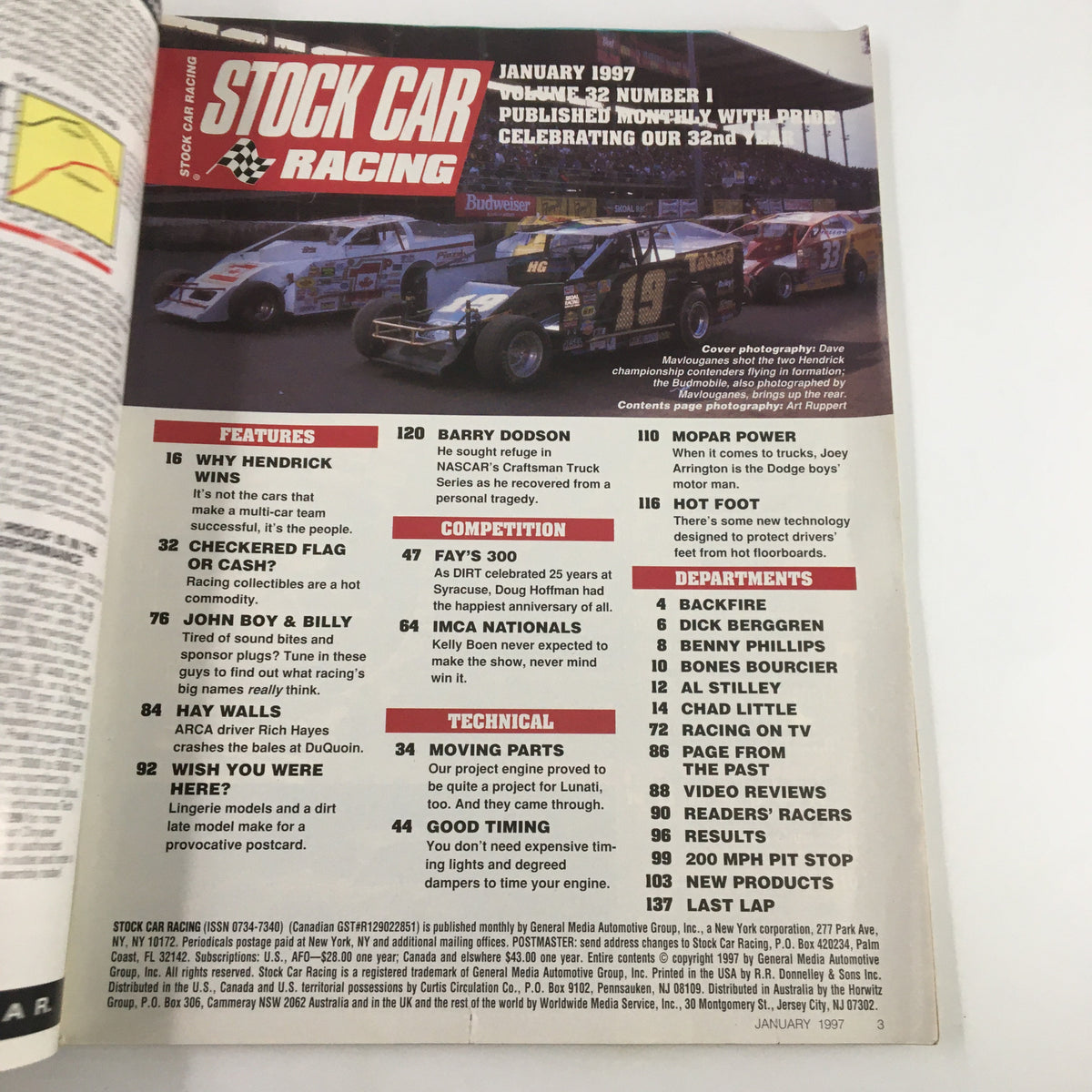 Inside page of Stock Car Racing Magazine January 1997 showcasing the table of contents and features related to stock car racing, including highlights on Hendrick and racing events.