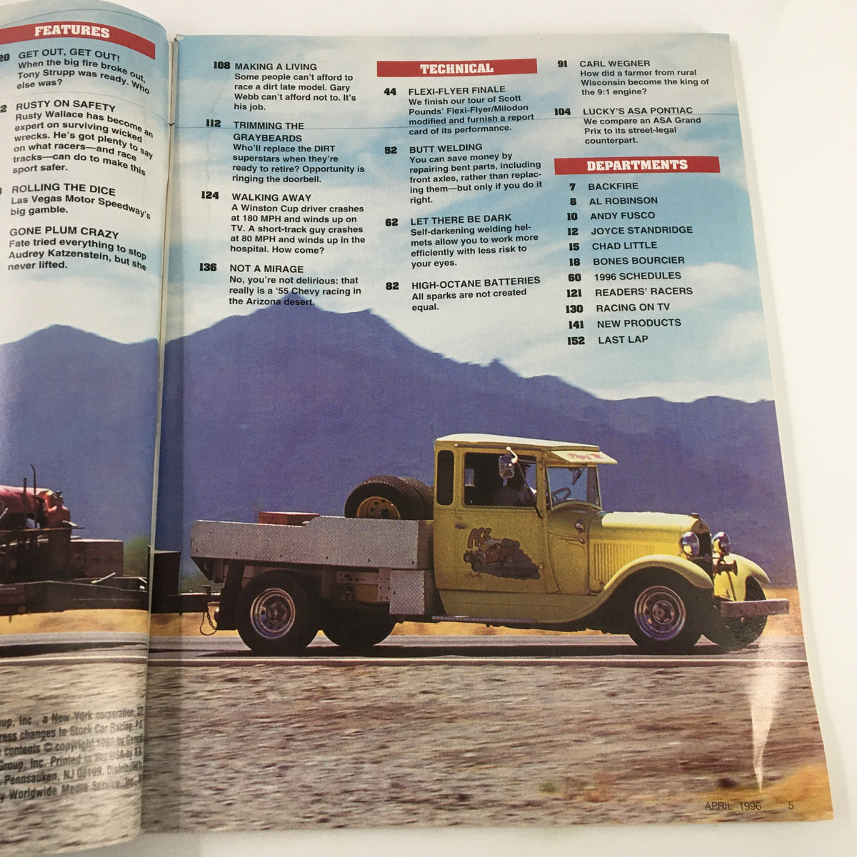 Another inside spread of Stock Car Racing Magazine April 1996 highlighting technical tips and features for stock car racing enthusiasts, with a vintage yellow truck and a trailer.