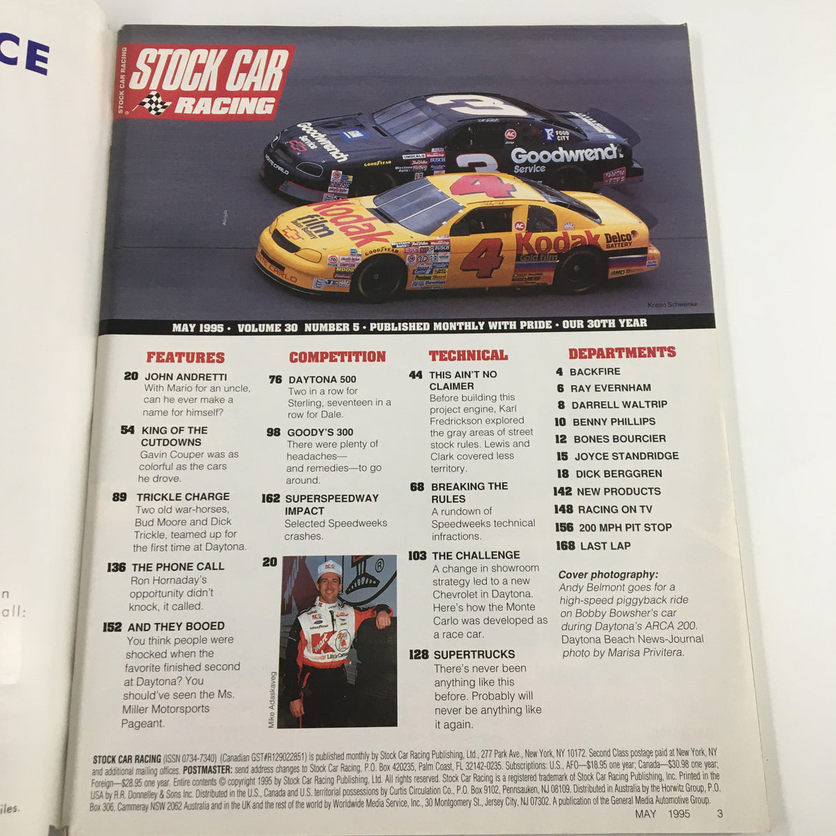 Inside page of Stock Car Racing Magazine May 1995, showcasing features on John Andretti and the Daytona 500 alongside highlighted articles in the magazine.