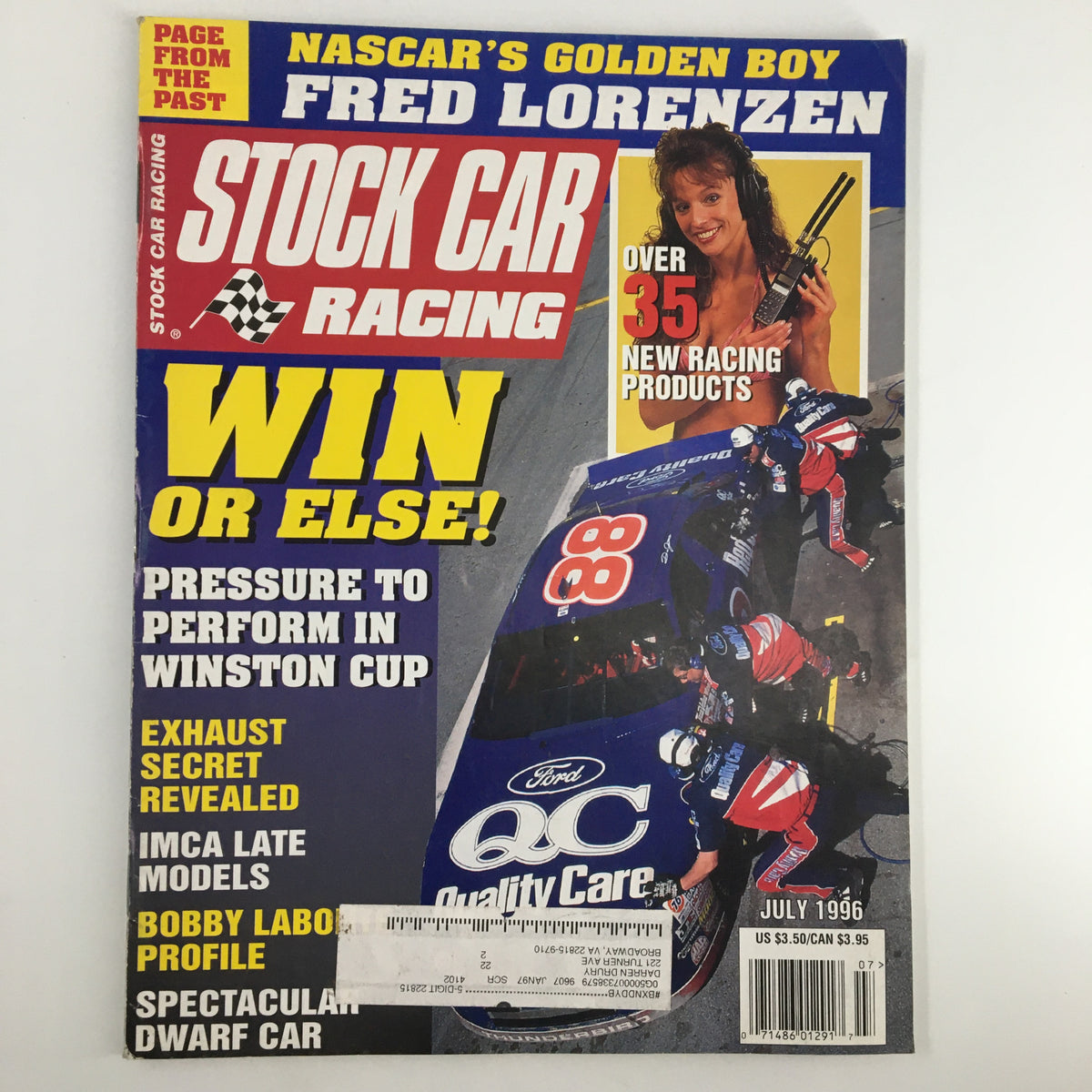 Cover of Stock Car Racing Magazine July 1996 featuring Dale Jarrett's crew during the Daytona 500. The magazine includes headlines about pressure in the Winston Cup and new racing products.