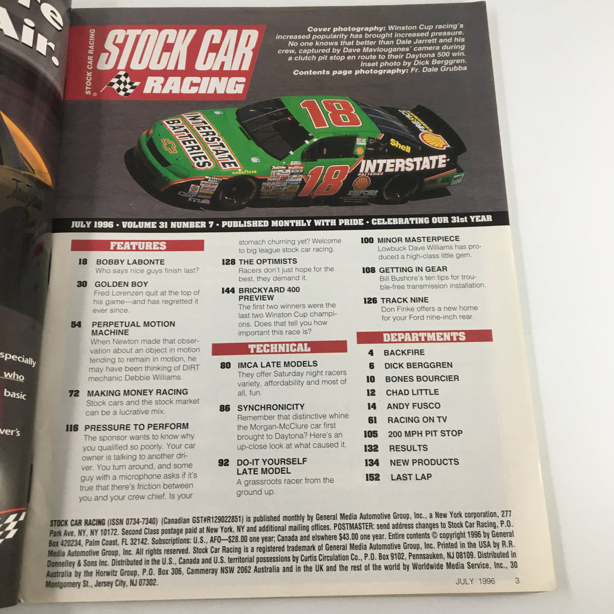 Inside page of Stock Car Racing Magazine July 1996 displaying contents, including features about Bobby Labonte and Fred Lorenzen. The magazine celebrates its 31st year and highlights racing topics.