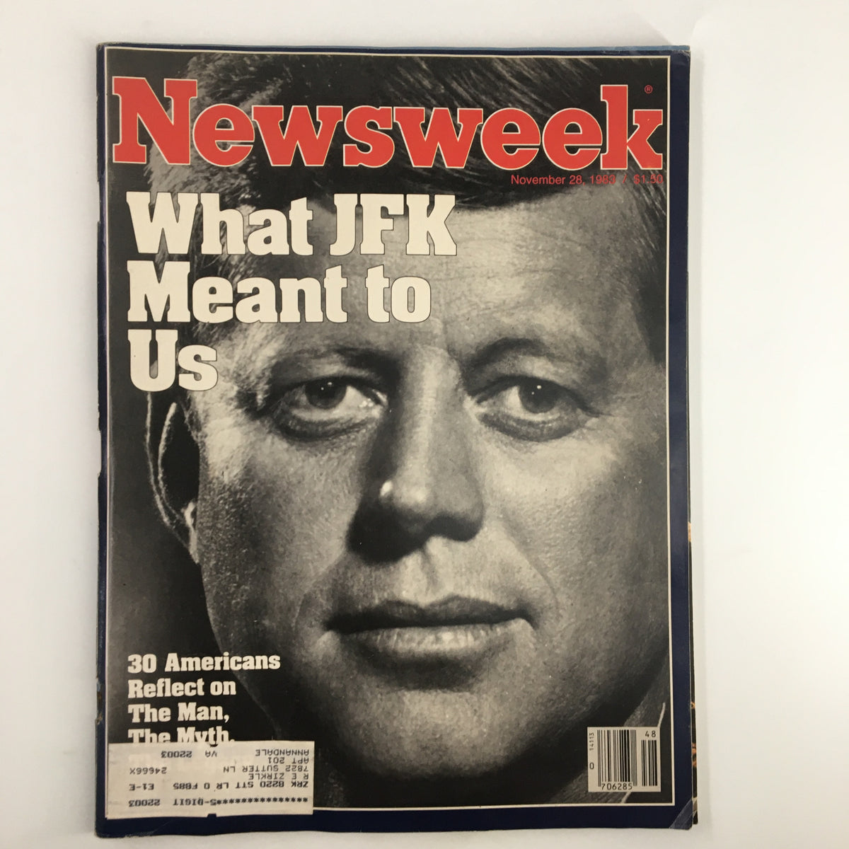 Cover of VTG Newsweek Magazine from November 28, 1983, featuring the title 'What JFK Meant to Us', showcasing a large image of John F. Kennedy.
