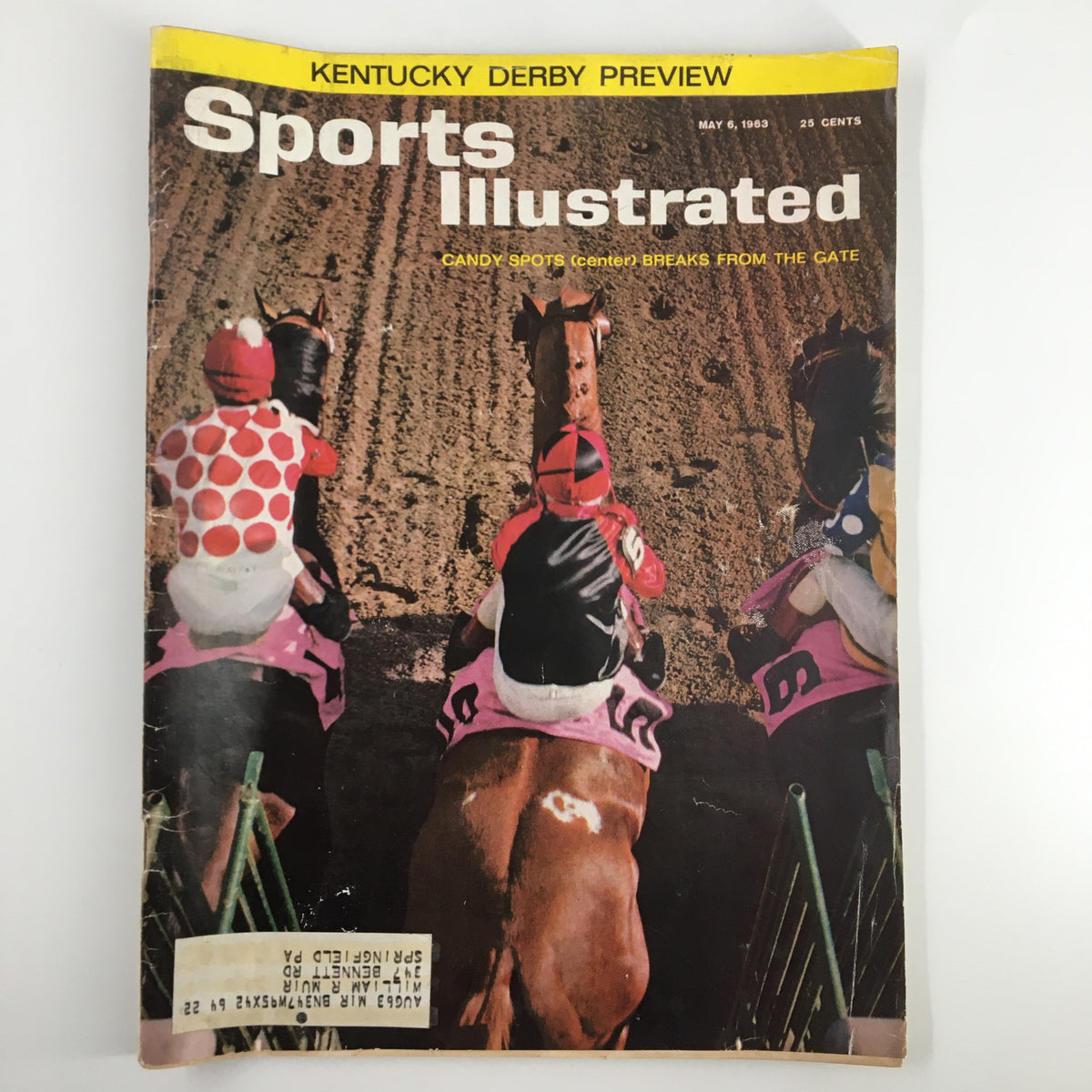 Vintage Sports Illustrated Magazine cover from May 6, 1963, featuring 'Candy Spots Breaks From The Gate' with jockeys and horses racing.