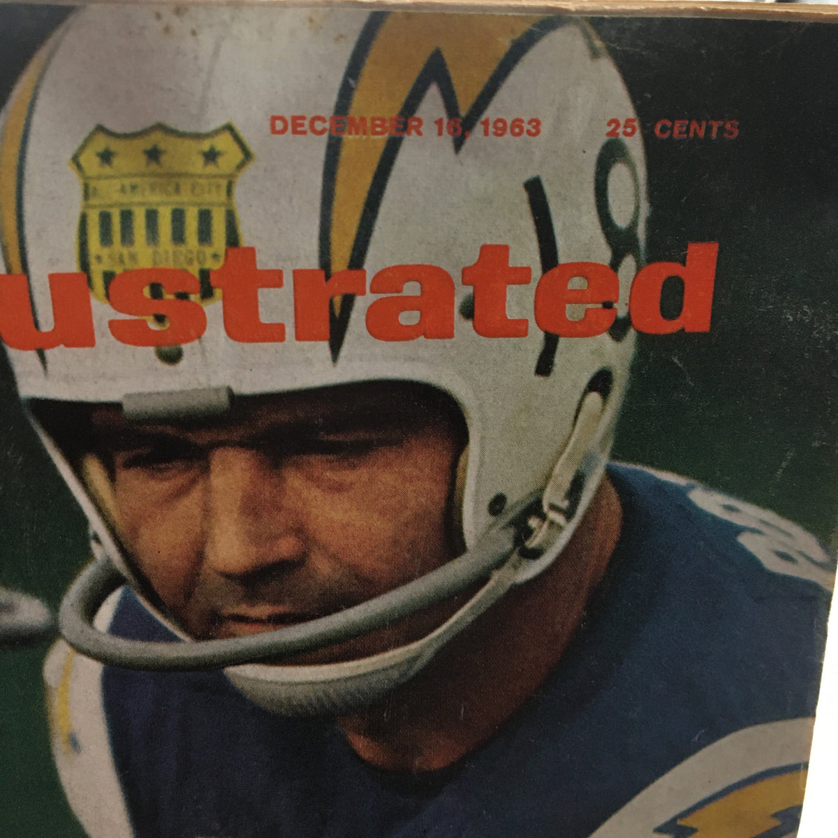 Detailed shot of the top part of the cover of VTG Sports Illustrated Magazine December 16, 1963, highlighting the date and part of the headline 'A Coming World Series AFL vs. NFL'.