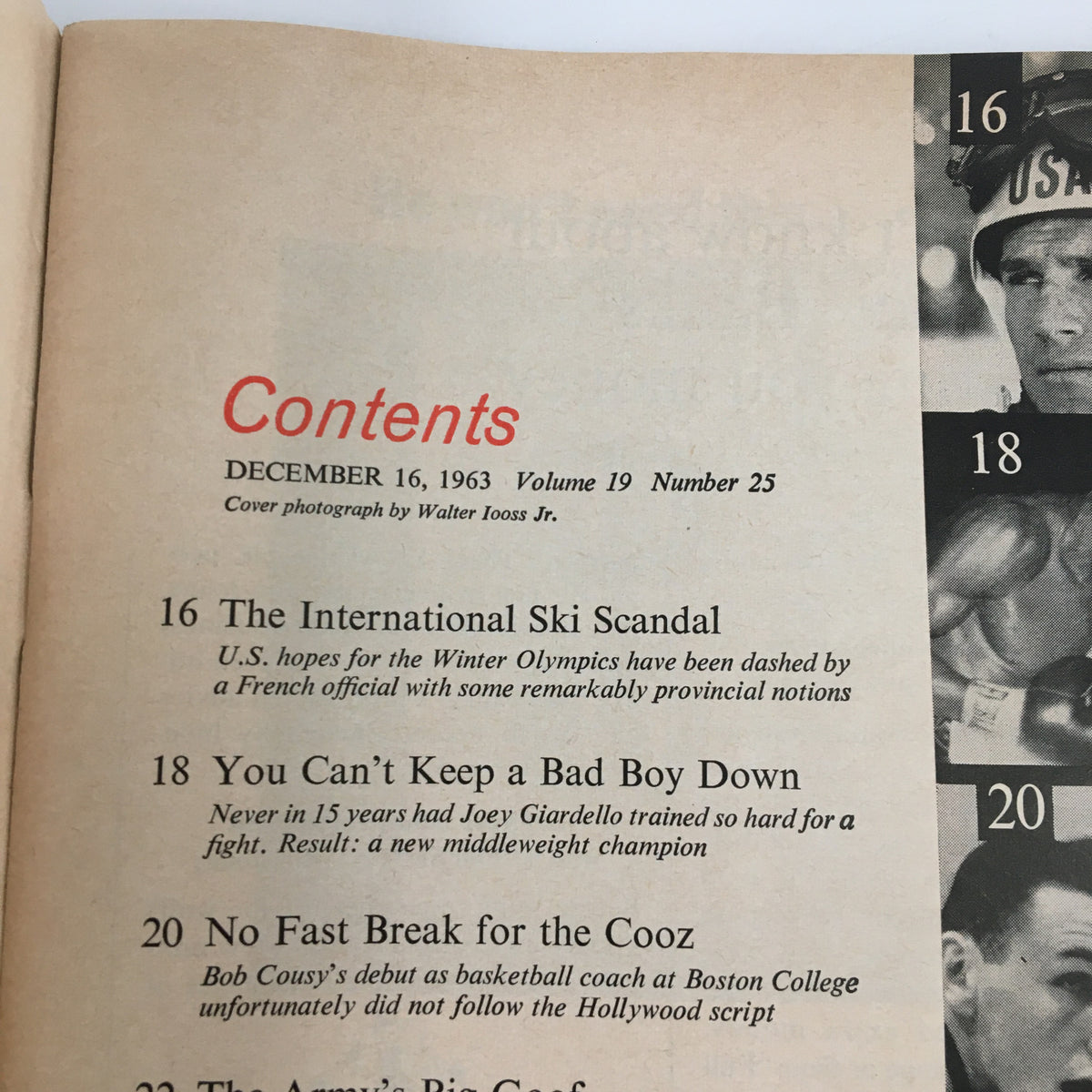 Contents page of the Sports Illustrated magazine dated December 16, 1963, featuring articles on the International Ski Scandal, boxing champion Joey Giardello, and Bob Cousy's debut as basketball coach, highlighting the magazine's focus on significant sporting events and narratives.