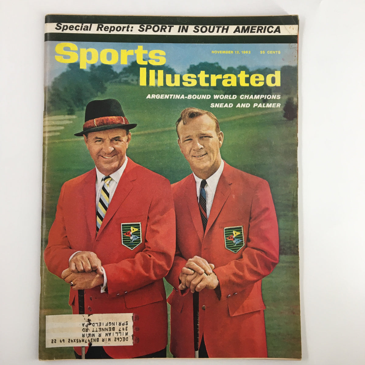 Cover of VTG Sports Illustrated Magazine November 12 1962 featuring Sam Snead and Arnold Palmer in red jackets, celebrating their world championship status. A key collectible for sports memorabilia enthusiasts.