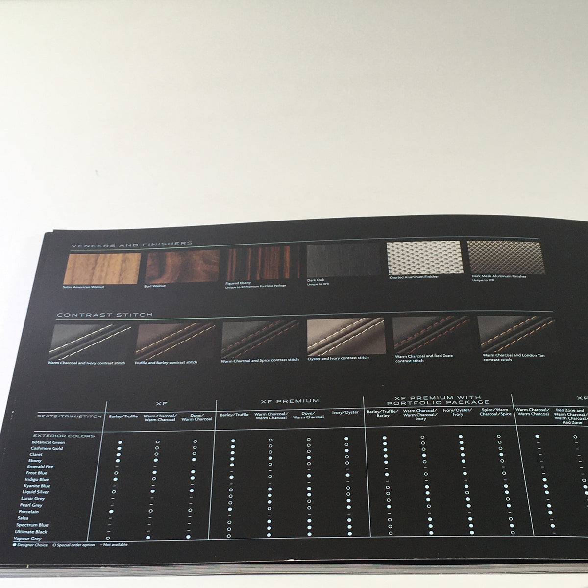 Veneers and finishes options for the 2010 Jaguar The XF Collection, illustrated in the dealership car auto brochure.