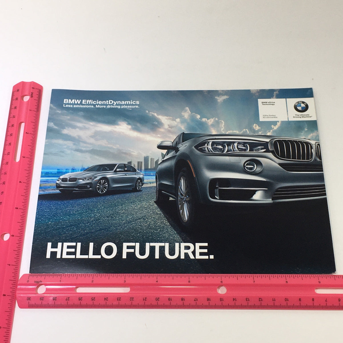 2015 BMW eDrive Technology 330e X5 Sedan Dealership Car Auto Brochure Catalog presenting the BMW EfficientDynamics concept with a focus on low emissions and future driving pleasure.