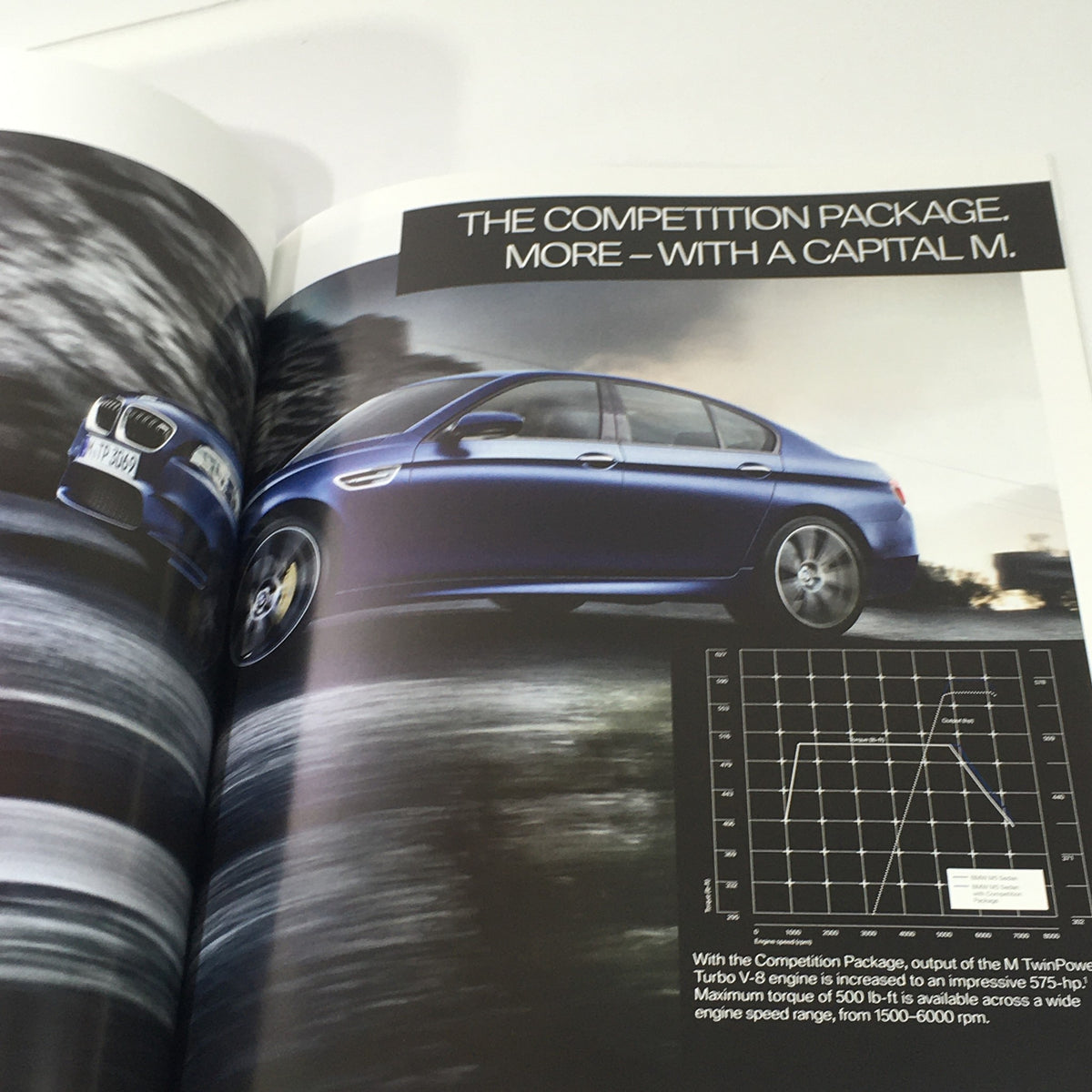 2014 BMW M5 Dealership Car Auto Brochure Catalog featuring competition package details, showcasing the BMW M5 in action with a dynamic background.
