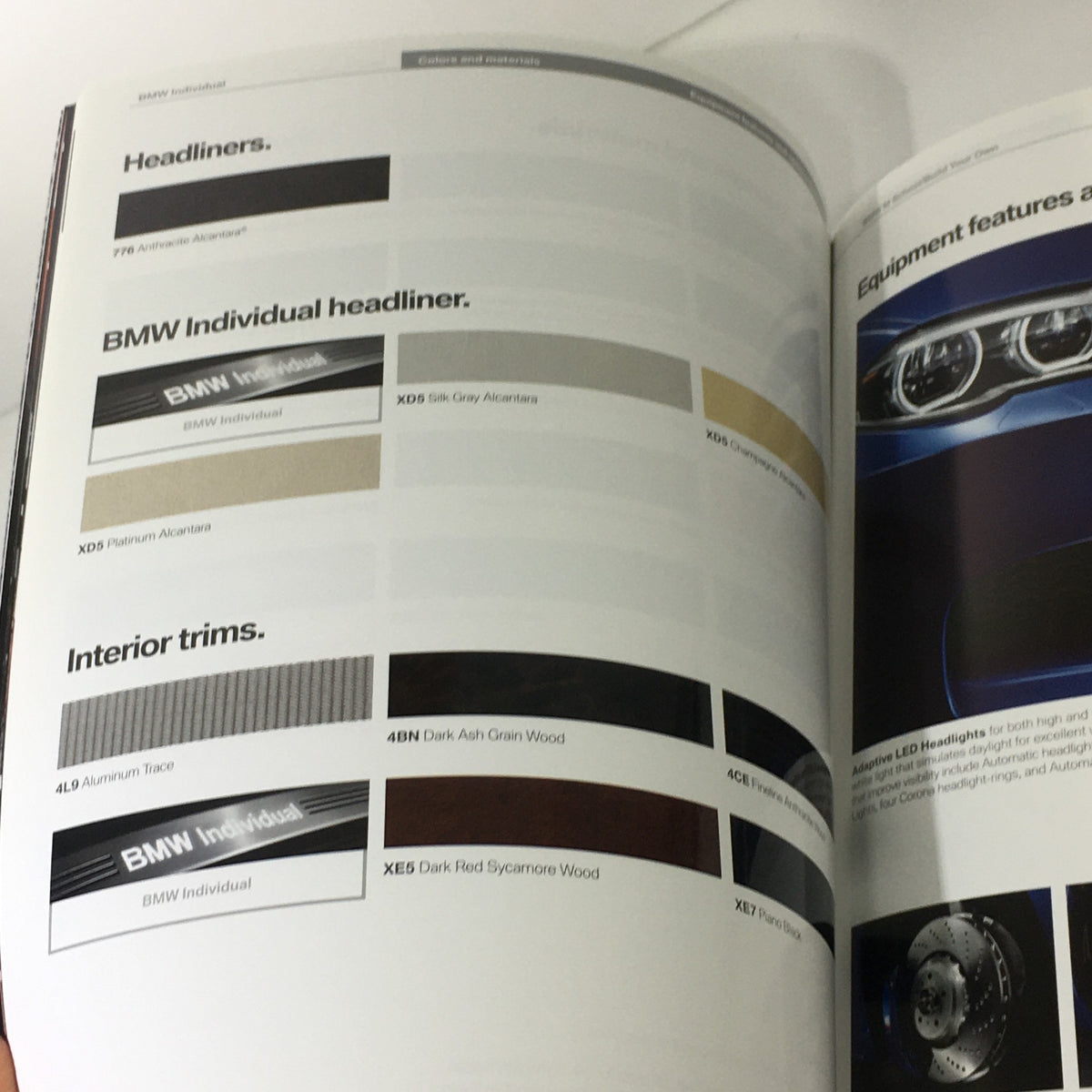 2014 BMW M5 Dealership Car Auto Brochure Catalog illustrating headliners and interior trim options, highlighting the luxury customization available for the BMW M5.