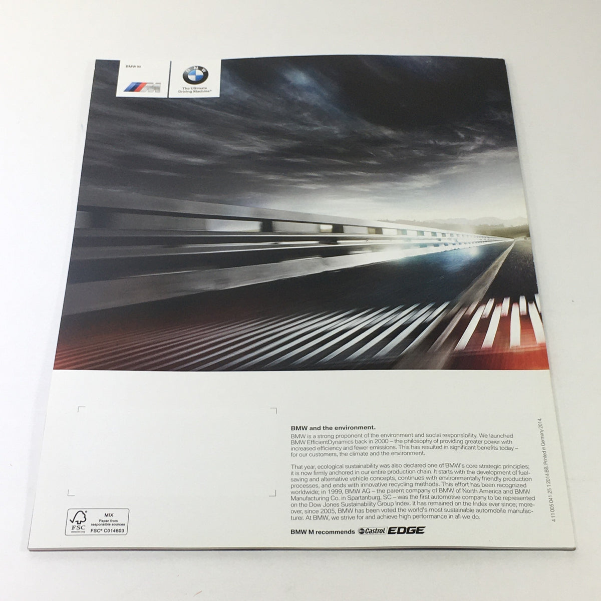 2014 BMW M5 Dealership Car Auto Brochure Catalog back cover, emphasizing BMW's commitment to the environment and sustainable practices.