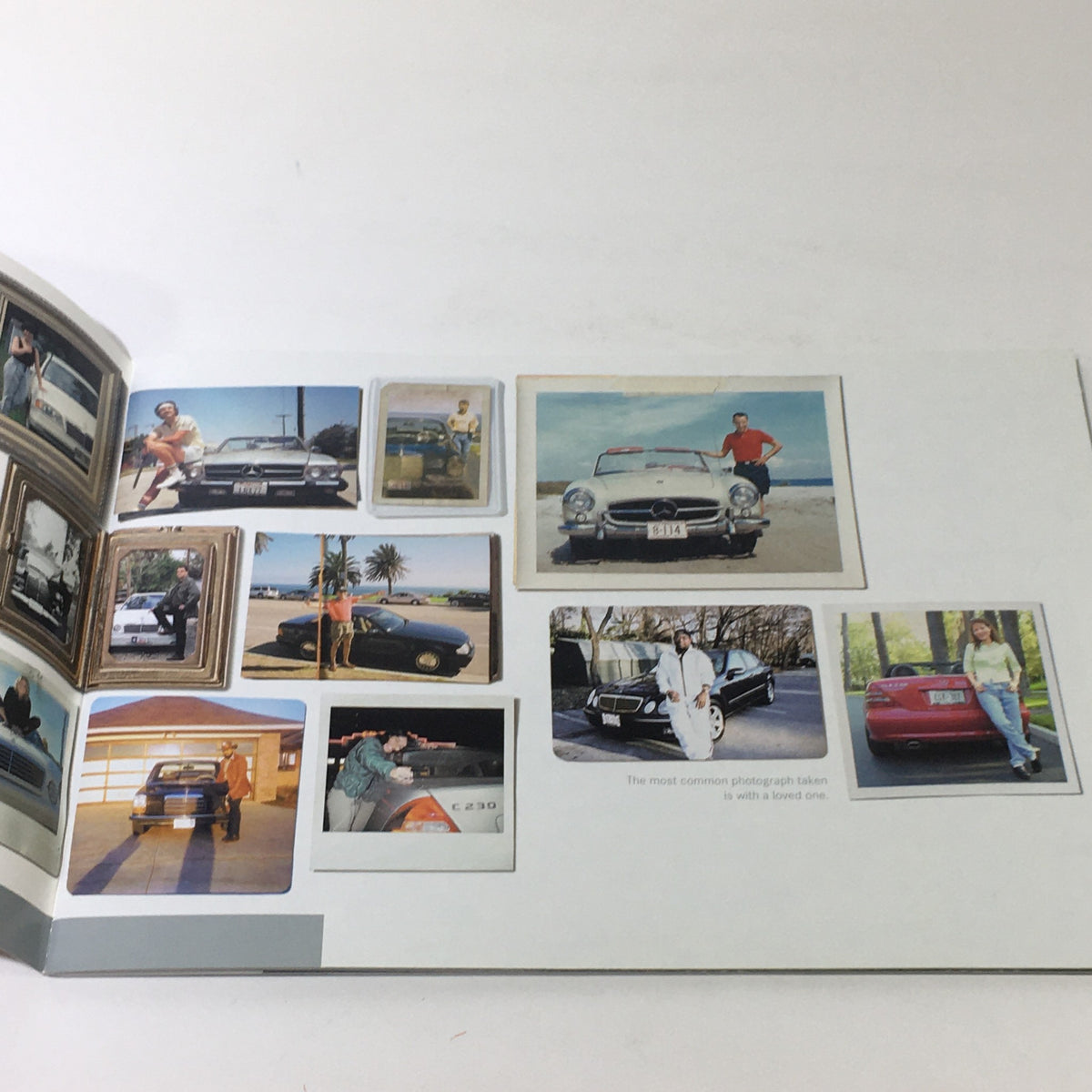 Inside pages of the 2005 Mercedes-Benz CLK-Class Dealership Car Auto Brochure Catalog displaying various vintage photographs of Mercedes-Benz cars and customers.