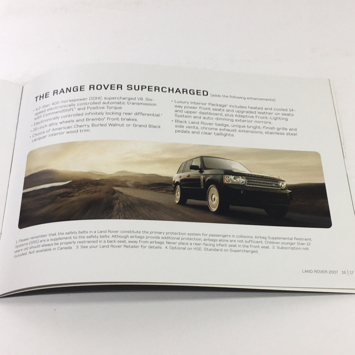2007 Land Rover American Cherry Dealership Car Auto Brochure Catalog showcasing the Range Rover Supercharged interior features and specifications.