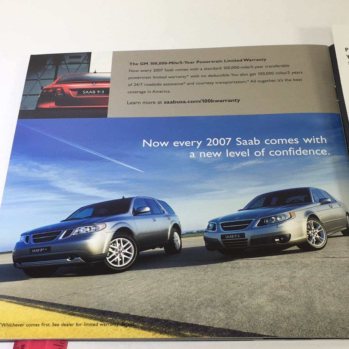 Side view of two Saab models featuring the 2007 Saab 9-3 and 9-7 in a picturesque outdoor setting from the 2007 Saab Lineup 93 Sport Sedan Dealership Car Auto Brochure.