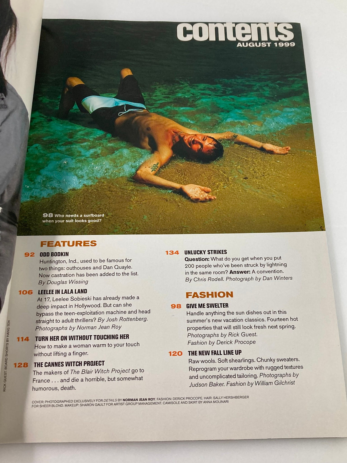 Contents page of Details Magazine August 1999 highlighting features like LeeLee Sobieski, with vibrant photography and trending articles reflective of the late 90s.